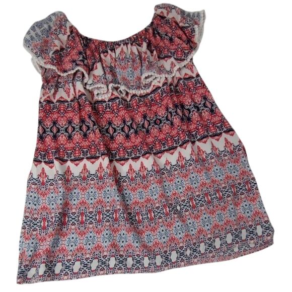 Faded Glory Women's Peasant Top L Red Blue Floral Scoop Neck Ruffle Crochet Trim - Picture 6 of 10